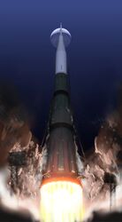  commentary crescent_moon highres launch_pad launch_tower launching moon n1-l3 night no_humans outdoors real_life realistic rocket roy_fokka russian_text sky smoke soviet thrusters translated 