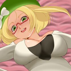  bed_sheet beret bianca_(pokemon) blonde_hair breasts breasts_apart commentary_request female glasses green_eyes hat highres large_breasts lying on_back pokemon pokemon_bw2 red-framed_eyewear refuto semi-rimless_eyewear short_hair solo sweat under-rim_eyewear 