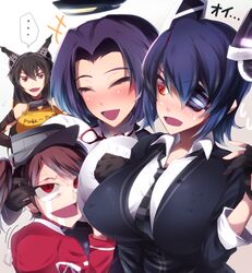  4girls apron bad_id bad_pixiv_id black_hair blush breast_envy breast_press breasts brown_hair dress elbow_gloves eyepatch gloves hairband halo headgear japanese_clothes kantai_collection kariginu large_breasts long_hair mechanical_halo mizukami_ryouma multiple_girls nagato_(kancolle) necktie open_mouth puka_puka purple_hair red_eyes ryuujou_(kancolle) short_hair smile sweater tatsuta_(kancolle) tears tenryuu_(kancolle) translated twintails visor_cap waist_apron 