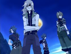  4boys black_jacket black_pants blindfold blonde_hair brown_hair brown_hakama brown_pants checkered_wristband commentary_request fingerless_gloves gloves grey_hair hakama hakama_pants jacket japanese_clothes kingdom_hearts kingdom_hearts_birth_by_sleep long_hair male_focus moon multiple_boys night pants riku_(kingdom_hearts) shuu_(blow_wind) sleeveless sleeveless_jacket sora_(kingdom_hearts) terra_(kingdom_hearts) ventus_(kingdom_hearts) white_jacket wristband 