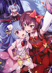  3girls aoba_(warship_girls_r) arm_up black_bow black_bowtie black_choker black_dress black_hair blue_hair bow bowtie bracelet braid brown_hair butterfly_earrings buttons chasing choker column commentary_request cross detached_sleeves dress dutch_angle earrings elbow_gloves eyelashes fingerless_gloves gloves hair_between_eyes hair_ornament hair_ribbon hairband hairbow hat headphones heart highres holding holding_microphone idol idol_clothes indoors iron_cross jewelry lights long_hair looking_at_another microphone mini_hat mtyy multiple_girls open_mouth outstretched_arms panicking photoshop_(medium) pillar pink_dress prinz_eugen_(warship_girls_r) quincy_(warship_girls_r) raised_eyebrow red_dress red_eyes ribbon screen short_twintails sleeveless sleeveless_dress smile stairs star_(symbol) star_print stretching teeth tsurime twintails warship_girls_r x_hair_ornament 