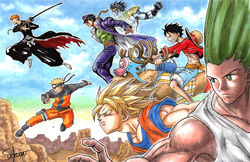  6+boys antlers avengers:_age_of_ultron avengers_(series) bad_id bad_pixiv_id bare_pectorals battle black_hair bleach blonde_hair blue_sky chains closed_eyes commentary company_connection crosshatching crossover day dougi dragon_ball dragon_ball_z flying forehead_protector gakuran gon-san gon_freecss green_eyes green_hair grin hat hat_on_back hatching_(texture) headband highres horns hunter_x_hunter japanese_clothes jojo_no_kimyou_na_bouken katana knife kujo_jotaro kurosaki_ichigo male_focus marvel marvel_cinematic_universe midair monkey_d._luffy mountain multiple_boys multiple_crossover naruto naruto_(series) naruto_shippuuden one_piece orange_hair outline painting_(medium) parody pectorals photoshop_(medium) reindeer riding scar school_uniform shorts shounen_jump signature sky smile son_goku stand_(jojo) star_platinum stardust_crusaders straw_hat super_saiyan super_saiyan_1 sword takumi_(marlboro) tank_top tensa_zangetsu_(bankai) tony_tony_chopper traditional_media unworn_hat unworn_headwear uzumaki_naruto watercolor_(medium) weapon 