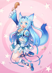  :d animal_ears aura_kingdom ayako_(aura_kingdom) bare_shoulders bell blue_dress blue_eyes blue_hair chinese_commentary collar commentary_request cross-laced_footwear detached_sleeves dress eating female food frilled_skirt frills from_side hair_ribbon highres jumping long_hair looking_at_viewer md5_mismatch meat neck_bell oerba_yun_fang open_mouth ribbon skirt smile star_(symbol) tail two_side_up wolf_ears wolf_tail yellowpaint. 