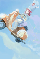  bad_id bad_pixiv_id boots dress female flcl flying hat highres jakuzure_nonon kill_la_kill motor_vehicle on_scooter pink_hair scooter shako_cap shintani_mayumi sidelocks solo uniform vespa voice_actor_connection winged_hat yyunnyu717 