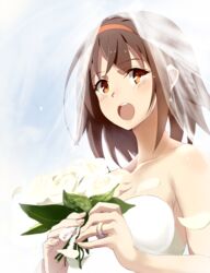  bare_shoulders blush bouquet bridal_veil brown_hair check_commentary collarbone commentary commentary_request diffraction_spikes dress earrings female flower hairband highres jewelry kantai_collection kuzu_(miduhana) looking_at_viewer open_mouth orange_eyes petals red_hairband ring rose shiratsuyu_(kancolle) short_hair solo strapless strapless_dress tears upper_body veil wedding_dress wedding_ring white_dress white_flower white_rose 