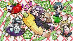  &gt;_&lt; 1boy 4girls :3 :d aboshi_mako asparagus bell_pepper black_hair black_jacket black_pants black_sailor_collar black_serafuku black_skirt blonde_hair brown_hair chibi closed_eyes corn crossed_arms dual_persona eggplant end_card food gakuran ghost green_pepper highres jacket jitome kanoe_kirie kanoe_yuuko long_hair long_skirt long_sleeves looking_to_the_side multiple_girls niiya_teiichi notice_lines o_o okonogi_momoe okra onion open_mouth pants pleated_skirt pointing right-over-left_kimono sailor_collar school_uniform serafuku short_hair sitting skirt sleeves_past_fingers sleeves_past_wrists smile solid_circle_eyes tasogare_otome_x_amnesia tomato triangular_headpiece turn_pale v-shaped_eyebrows vegetable wavy_mouth xd 