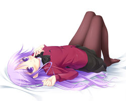  1boy bad_id bad_pixiv_id blush bow bowtie crossdressing erika_(mare_serenitatis) happiness! long_hair looking_at_viewer lying male_focus otoko_no_ko pantyhose photoshop_(medium) pleated_skirt purple_eyes purple_hair simple_background skirt smile solo two_side_up watarase_jun 