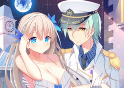  1boy absurdres admiral_(warship_girls_r) alternate_breast_size badge black_necktie blue_bow blue_eyes blue_shirt blush bow braid breasts building buttons carrying cleavage clock clock_tower closed_mouth coat collarbone commentary_request dress earrings epaulettes female full_moon gloves green_hair grey_dress grey_hair hair_between_eyes hair_ornament hairband hand_on_own_head hand_up hat highres huge_breasts jewelry jyt lexington_(cv-16)_(warship_girls_r) light light_smile long_hair looking_away mole mole_under_mouth moon necktie night night_sky open_mouth peaked_cap princess_carry shirt short_hair sky sleeveless sleeveless_dress smile star_(sky) starry_sky striped_clothes striped_shirt tower uniform warship_girls_r white_coat white_gloves white_hat yellow_eyes 