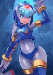  android blue_eyes bracelet commentary_request crop_top fairy_leviathan_(mega_man) female glaive_(polearm) helmet highres jewelry mega_man_(series) mega_man_zero_(series) open_mouth polearm robot_girl smile solo spear tesshii_(riza4828) thighhighs underwater weapon wide_hips 