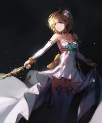  blonde_hair brown_eyes commentary_request cosplay detached_collar detached_sleeves djeeta_(granblue_fantasy) dress earrings female flower glorybringer_(granblue_fantasy) glorybringer_(granblue_fantasy)_(cosplay) granblue_fantasy hair_flower hair_ornament highres jewelry looking_to_the_side natsumoka solo standing stud_earrings sword thighhighs weapon white_dress 