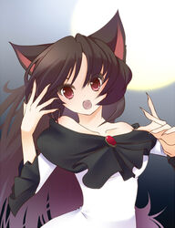  :o animal_ears arms_up bad_id bad_pixiv_id bare_shoulders brooch brown_hair collarbone commentary_request dress fangs female fingernails full_moon hayabusa_koi imaizumi_kagerou jewelry long_hair long_sleeves looking_at_viewer moon purple_background red_eyes sharp_fingernails shawl simple_background solo touhou very_long_hair wolf_ears 