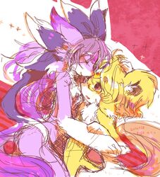  blonde_hair closed_eyes duo female hair kemono long_hair moonlight_carbuncle mythological_carbuncle mythological_creature mythology pipisan purple_hair puzzle_and_dragons sunlight_carbuncle 