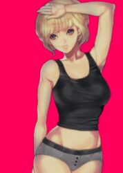  alternate_breast_size amano_ai arm_behind_back arm_up armpits backlighting bare_shoulders blonde_hair blunt_bangs breasts button_panties buttons collarbone commentary_request cowboy_shot crop_top den&#039;ei_shoujo female grey_panties hand_on_own_forehead large_breasts light_smile lips midriff murata_tomohide panties short_hair simple_background sleeveless solo standing tank_top underwear 