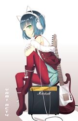  1boy absurdres animal_ear_headphones animal_ears blue_hair boots cat_ear_headphones commentary_request electric_guitar fake_animal_ears green_eyes guitar headphones highres instrument kiki_(tsunya) male_focus marshall_amplification original otoko_no_ko red_footwear ryoune_yami short_hair skirt solo utau 