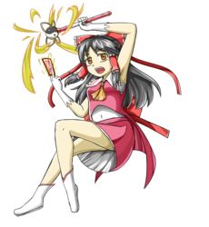  armpits ascot black_hair bow commentary_request cookie_(touhou) female full_body hair_ribbon hair_tubes hairbow hakurei_reimu long_hair marisa_to_alice_no_cookie_storia ofuda red_bow ribbon ribbon_trim sananana_(cookie) sarashi skirt solo stick takenoko_lv9 touhou transparent_background yellow_eyes yin_yang 