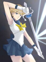  bishoujo_senshi_sailor_moon blonde_hair blue_eyes blue_sailor_collar blue_skirt blurry circlet commentary_request earrings female frown gloves hiki-wota holding holding_sword holding_weapon jewelry magical_girl miniskirt pleated_skirt rapier ribbon sailor_collar sailor_senshi_uniform sailor_uranus serious short_hair skirt solo space_sword sword ten&#039;ou_haruka very_short_hair weapon white_gloves 