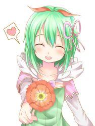  ^_^ chikuwa_savy closed_eyes commentary_request female flower green_hair hair_ribbon heart kohaku_(rune_factory) open_mouth ribbon rune_factory rune_factory_4 short_hair solo spoken_heart 