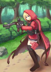  blonde_hair blue_eyes boots bush check_commentary cloak commentary commentary_request explosive female fingerless_gloves forest gloves grenade gun holding holding_gun holding_weapon hood knee_boots little_red_riding_hood little_red_riding_hood_(grimm) load_bearing_vest nature original paw_print rifle sniper_rifle solo thighhighs tree vss_vintorez weapon x_ace_k_x 