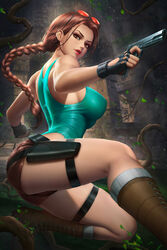  1girls 2020 ass belt big_ass big_breasts booty_shorts braid braided_hair breasts brown_eyes brown_hair clothed_female eyewear eyewear_on_head female female_only firearm fully_clothed gun handgun holding_gun holding_object holding_weapon lara_croft lara_croft_(classic) large_breasts light-skinned_female light_skin long_hair looking_at_viewer looking_back m1911 neoartcore pistol pose short_shorts shorts solo sunglasses sunglasses_on_head tagme tomb_raider weapon 