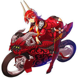  ass ass_cutout bent_over black_panties boots breasts cleavage demon_girl female ground_vehicle horns lowres motor_vehicle motorcycle nishii_(nitroplus) panties pointy_ears purple_eyes red_hair satan_(the_seven_deadly_sins) solo the_seven_deadly_sins thigh_boots thighhighs trefoil underwear unitard vehicle 