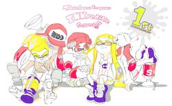  2boys 3girls anniversary annoyed arms_around_neck baseball_cap beanie bike_shorts blonde_hair commentary_request crossed_legs dark_skin english_text fangs hat hat_over_eyes highres hug hug_from_behind inkling inkling_boy inkling_girl inkling_player_character inoue_seita l-3_nozzlenose_(splatoon) legs_up long_hair looking_at_viewer multiple_boys multiple_girls official_art ponytail red_hair shoes short_hair sitting smile sneakers splatoon_(series) splatoon_1 sploosh-o-matic_(splatoon) suction_bomb_(splatoon) tentacle_hair thick_eyebrows traditional_media unworn_shoes 