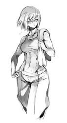  abs biceps breasts commentary_request female fuse_ryuuta glasses greyscale medium_breasts michelle_k._davis midriff monochrome pants short_hair solo tank_top terra_formars toned towel wet 