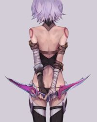  arm_belt arms_behind_back ashita_kura ass back bad_id bad_pixiv_id bandaged_arm bandages black_panties black_thighhighs butt_crack dagger dual_wielding facing_away fate/grand_order fate_(series) female fingerless_gloves from_behind gloves grey_background grey_hair highres holding holding_knife jack_the_ripper_(fate/apocrypha) knife lowleg lowleg_panties median_furrow panties short_hair shoulder_tattoo simple_background single_glove solo standing tattoo thighhighs underwear weapon 