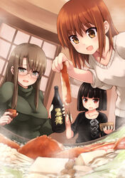  3girls :d akatsuki_miho akemiho_tabi_nikki bad_id bad_pixiv_id black_eyes black_hair bottle bowl brown_eyes brown_hair chopsticks crab cup drunk enoki_(mushroom) food fukube_tamaki gendai_ninjakko_zukan glasses hotpot kouno_hikaru multiple_girls mushroom nabe open_mouth oribe_shiori red_eyes sake_bottle smile sweater tears tofu turtleneck wavy_mouth 