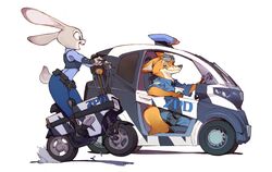  anthro belt bottomwear brown_body brown_fur canid canine car clothing compact_car disney duo female fox fur green_eyes grey_body grey_fur inside_car judy_hopps lagomorph leporid male mammal motor_vehicle neighborstudios nick_wilde open_mouth orange_body orange_fur pants pink_nose police police_car police_uniform police_vehicle rabbit red_fox shirt simple_background smile topwear true_fox uniform vehicle white_background white_body white_fur zootopia 