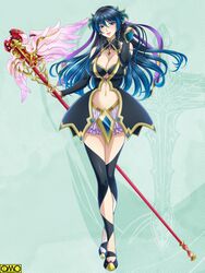  armor blue_eyes breasts female female gradient gradient_background large_breasts omc solo staff 