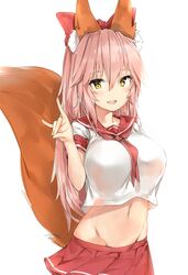  animal_ear_fluff animal_ears astolfo_(fate) astolfo_(fate)_(cosplay) astolfo_(sailor_paladin)_(fate) astolfo_(sailor_paladin)_(fate)_(cosplay) bad_id bad_pixiv_id between_breasts breasts commentary cosplay fate/apocrypha fate/extra fate/grand_order fate_(series) female fox_ears fox_shadow_puppet fox_tail groin hair_between_eyes hair_ribbon highres large_breasts long_hair looking_at_viewer midriff navel neckerchief official_alternate_costume open_mouth pink_hair pleated_skirt red_neckerchief red_ribbon red_sailor_collar red_skirt ribbon sailor_collar school_uniform serafuku shirt silver_(chenwen) simple_background skirt sleeve_cuffs solo standing tail tamamo_(fate) tamamo_no_mae_(fate/extra) white_background white_shirt yellow_eyes 