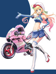  :d blonde_hair blue_eyes blue_gloves blue_skirt boots breasts commentary_request elbow_gloves female flower full_body gloves green_ribbons hair_flower hair_ornament hair_ribbon hat helmet highres honda large_breasts long_hair looking_at_viewer midriff motor_vehicle motorcycle motorcycle_helmet navel one_side_up open_mouth original outstretched_arm pink_hat race_queen ribbon rose saitou_sakae shirt simple_background skirt sleeveless sleeveless_shirt smile solo thigh_boots thighhighs very_long_hair watch white_hat white_thighhighs wrench wristwatch 