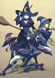  3girls :d atatatamu belt blonde_hair blue_eyes blue_hair boots breasts broom brown_eyes brown_hair choker commentary_request crescent diana_cavendish full_body hat highres hood hooded_robe kagari_atsuko knee_boots little_witch_academia long_hair looking_at_viewer loose_belt medium_breasts multicolored_hair multiple_girls open_mouth pose red_eyes robe school_uniform smile staff two-tone_hair ursula_charistes wand wavy_hair witch witch_hat 