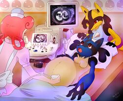  2012 ambiguous_gender anthro anthrofied apron bed bedding belly big_belly black_body black_fur black_kitty blanket blue_body blue_fur breasts canid canine clothing colored digital_drawing_(artwork) digital_media_(artwork) dress embryo female fetus fur furniture game_freak generation_4_pokemon group hair half-closed_eyes hand_on_belly hat headgear headwear human inside internal lucario male mammal narrowed_eyes nintendo nude nurse_joy paws pokeball pokemon pokemon_(species) pokemorph pregnant pregnant_anthro pregnant_female red_eyes red_hair riolu shiny_pokemon sibling_(lore) small_breasts spikes tuft twins_(lore) ultrasound white_body white_fur yellow_body yellow_fur 