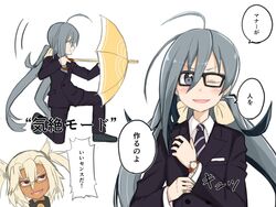  2girls adjusting_clothes ahoge atsushi_(aaa-bbb) black-framed_eyewear blonde_hair buttons commentary_request dark-skinned_female dark_skin double-breasted formal glasses grey_eyes grey_hair hair_between_eyes jewelry kantai_collection kingsman:_the_secret_service kiyoshimo_(kancolle) long_hair low_twintails multiple_girls musashi_(kancolle) necktie on_one_knee one_eye_closed open_mouth parody protected_link red_eyes ring short_hair smile suit translated twintails umbrella very_long_hair watch wristwatch 