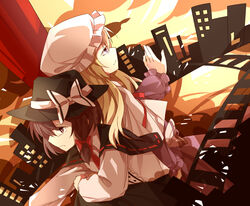  2girls ascot back-to-back blonde_hair blue_eyes bow brown_eyes brown_hair building capelet city cityscape closed_mouth commentary_request dutch_angle expressionless hairbow hat hat_bow light_smile long_hair maribel_hearn multiple_girls nishigyou_teraa railroad_tracks ribbon sitting smile touhou trojan_green_asteroid twilight usami_renko 