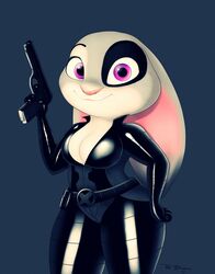  anthro big_breasts biped blue_background breasts cleavage clothed clothing cosplay disney domino_(marvel) female gun handgun hi_res judy_hopps lagomorph leporid mammal marvel pistol portrait purple_eyes rabbit ranged_weapon signature simple_background sirredbenjamin skinsuit smile solo three-quarter_portrait tight_clothing unzipped weapon wide_hips zipper zootopia 