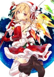  :o absurdres alternate_costume backless_dress backless_outfit bare_shoulders blonde_hair boots bow brown_footwear candy candy_cane christmas commentary_request crystal dress elbow_gloves female flandre_scarlet food gloves hairbow hat highres holding long_hair looking_at_viewer looking_back pdf_available pointy_ears pom_pom_(clothes) red_dress red_eyes red_gloves red_hat sakusyo santa_costume santa_hat shoe_soles shoulder_blades signature snow solo thighhighs touhou white_background white_bow white_thighhighs wings winter 