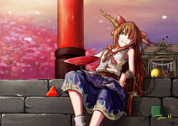  absurdres ball_and_chain_restraint bow brown_eyes brown_hair commentary cup female flat_chest hairbow hakurei_reimu hakurei_shrine highres horn_ornament horn_ribbon horns ibuki_suika jonathan_h light_smile long_hair neckerchief petals ribbon rope sakazuki shimenawa sitting sitting_on_stairs skirt sleeveless solo stairs torii touhou wrist_cuffs 