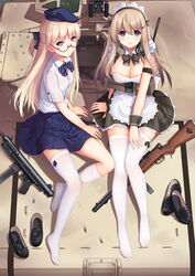  2girls absurdres allenes apron asymmetrical_legwear beret beretta_model_38 beretta_model_38_(girls&#039;_frontline) black_bow black_dress black_footwear black_neckwear blonde_hair blue_bow blue_eyes blue_hat blue_neckwear blue_skirt bow bowtie breasts browning_m2 chinese_commentary cleavage collared_shirt commentary_request day diagonal_stripes dress dress_shirt girls&#039;_frontline glasses ground_vehicle gun hair_ornament hairclip hat heavy_machine_gun highres humvee kneehighs loafers long_hair looking_at_viewer machine_gun maid_headdress mary_janes medium_breasts motor_vehicle multiple_girls name_connection no_shoes object_namesake on_vehicle outdoors pleated_dress pleated_skirt red-framed_eyewear round_eyewear semi-rimless_eyewear shirt shoes short_sleeves sideways_hat single_kneehigh single_sock single_thighhigh sitting skirt socks star_model_z62 striped_bow striped_bowtie striped_clothes thighhighs under-rim_eyewear uneven_legwear unworn_shoes vehicle_request very_long_hair weapon white_apron white_shirt white_thighhighs wrist_cuffs z-62_(girls&#039;_frontline) 