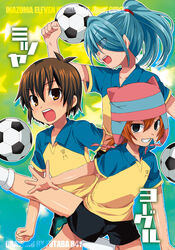  3boys aqua_hair ball black_eyes blush brown_hair clenched_hand clenched_teeth fist futaba_841 green_hair handa_shin&#039;ichi hat inazuma_eleven inazuma_eleven_(series) kazemaru_ichirouta lolicon long_hair male male_focus matsuno_kuusuke multiple_boys open_mouth ponytail red_eyes red_hair shirt short_hair shorts soccer_ball soccer_uniform socks sportswear star stars sweat t-shirt teeth translation_request 