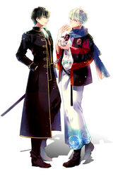  2boys baozi black_hair commentary_request food gintama highres hijikata_toushirou japanese_clothes katana kimono male_focus multiple_boys photoshop_(medium) red_eyes sakata_gintoki scarf sword weapon white_hair wingtemple 