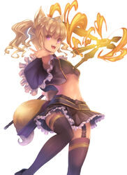  animal_ears blonde_hair commentary_request fantasy_earth_zero female midriff purple_eyes ryouku short_hair solo tail thighhighs 