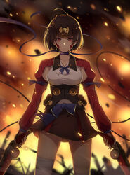  ahoge bandages blue_bow blue_bowtie blurry bow bowtie breasts brown_hair brown_skirt cable chinese_commentary choker collarbone commentary_request cowboy_shot depth_of_field dual_wielding female fire headpiece highres holding kiyo_(chaoschyan) koutetsujou_no_kabaneri large_breasts looking_at_viewer mumei_(kabaneri) parted_lips photoshop_(medium) pleated_skirt red_eyes ribbon_choker short_hair skirt solo standing 