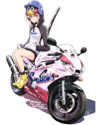  alternate_costume commentary_request female full_body grin hands_in_pockets highres hood hoodie katana looking_at_viewer motor_vehicle motorcycle nippon_professional_baseball on_motorcycle pink_hair saitou_sakae sheath sheathed signature simple_background smile solo sword toji_no_miko tokyo_yakult_swallows tsubakuro_yume tsubakurou weapon white_background yamaha yellow_footwear 