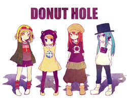  4girls aqua_eyes aqua_hair blonde_hair blue_eyes commentary_request donut_hole_(vocaloid) gumi hat hatsune_miku kagamine_rin kuroi_(liar-player) long_hair megurine_luka multiple_girls pantyhose red_hair short_hair twintails vocaloid yellow_eyes 