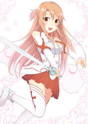  armor asuna_(sao) breastplate brown_eyes brown_hair commentary_request detached_sleeves female highres kiukoma long_hair sword sword_art_online thighhighs weapon 