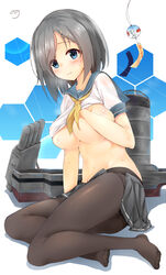  bad_id bad_pixiv_id blue_eyes breasts female grey_hair hair_ornament hairclip hamakaze_(kancolle) kantai_collection large_breasts minari_(minari37) pantyhose school_uniform serafuku short_hair short_sleeves solo underboob wind_chime 