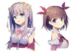  2girls atelier_(series) atelier_lulua blue_eyes bow bowtie bright_pupils brooch brown_hair commentary_request elmerulia_fryxell eva_armster grey_hair hair_ornament hair_ribbon hairband hairclip heart heart_hair_ornament jewelry long_hair multiple_girls pink_bow red_ribbon ribbon sharlorc short_hair simple_background smile symbol-shaped_pupils upper_body white_background 