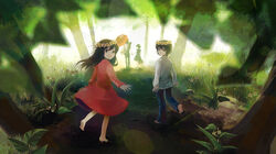  2boys 2girls ame_(ookami_kodomo) barefoot black_hair blue_dress brown_eyes chris4708 clenched_hand commentary_request denim dirty dirty_feet dress flower forest grass hana_(ookami_kodomo) head_wreath highres holding holding_hands jeans looking_at_viewer looking_back multiple_boys multiple_girls nature ookami_kodomo_no_ame_to_yuki ookami_otoko open_mouth pants photoshop_(medium) picnic_basket red_dress shadow smile swept_bangs tree umbrella yuki_(ookami_kodomo) 